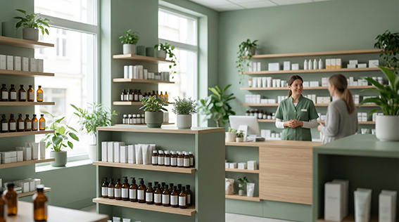 Pharmacist assisting customer in bright modern pharmacy with gre Pharmacist assisting customer in bright modern pharmacy with green interior. Health and medical service consultation. Retail shop with medicine, supplements and wellness products interior.